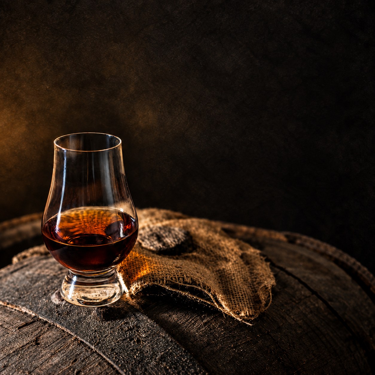 Whisky glass on a cask